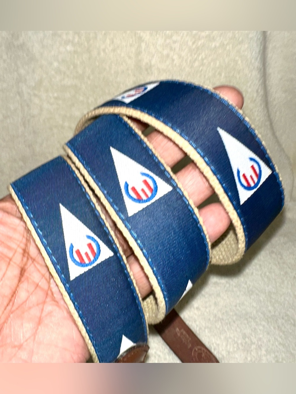 Vintage Leatherman Ltd Nautical Flag Canvas Brown Leather Brass Belt Sz 40